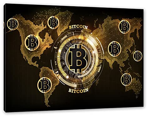 Pixxprint Weltkarte des Bitcoin BTC als, Größe: 100x70cm, Leinwandbild, fertig gespannt, Wandbild, Dekoration, Kunstdruck, kein Poster