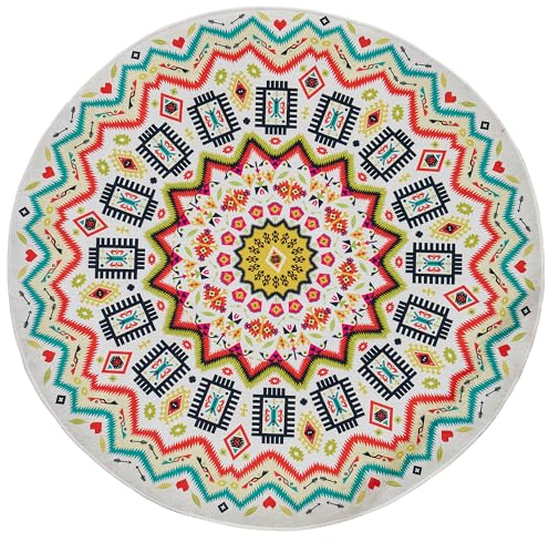 miqna Mandala Teppich, Rund für Wohnzimmer Schlafzimmer, Waschbar Vintage, Boho, Küchenteppich (Bunt, 120x120 cm)