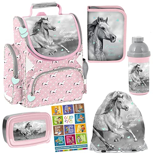 Goldkids 6er Set Schulranzen Ranzen Tornister Schulrucksack Federmappe Turnbeutel Turnsack Brotdose Trinkflasche Aufgabenheft Pferd Horse Motiv ab 1 Klasse
