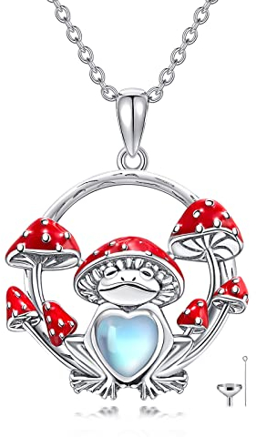 MUUYON Collana da donna a forma di rana per urna per cenere, pietra di luna con imbuto riempitivo rana, fungo, gioiello commemorativo in argento sterling, Argento sterling, Pietra di luna
