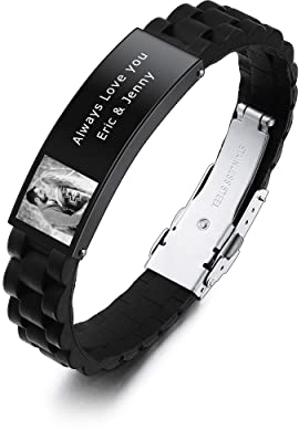 INBLUE Réglable en Acier Inoxydable Silicone Bracelet Personnalisé Personnalisé Sculpture Photo & Texte Bracelet Bijoux Cadeaux pour Hommes Petit Ami Mari Frère Père - Noir&Noir