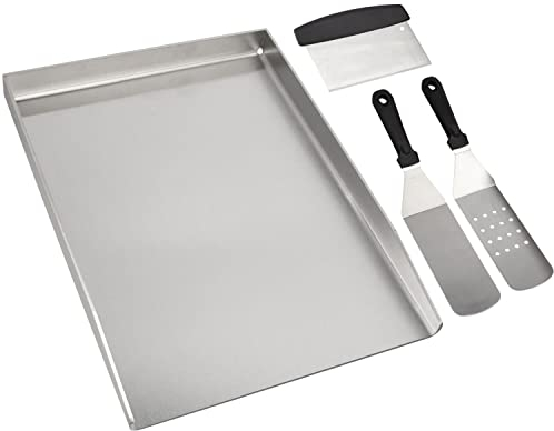 WELL GRILL 49 x 32,5 cm Plancha Plancha Grillplatte con Grill Spachtel Schaber Set para Weber Genesis & Summit y la mayoría de las barbacoas de gas, acero inoxidable macizo 4 mm, Universal