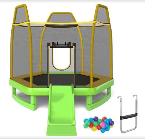 SPOTRAVEL 7FT Kids Trampoline, 3-in-1 Fitness Trampoline Set with Safety Enclosure, Slide & Ladder, Outdoor Toddler Jumping Bounce House for Yard, Garden & Gym(Green + Yellow)