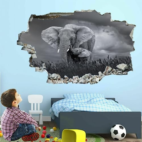 Wandaufkleber, Wandaufkleber, Elefanten-Wandtattoo, 3D-zertrümmert, natürliches Tier, schwarz-weißes Wand-Vinyl für Zuhause, Kunst, Dekor, Decke, Wanddekoration, Kinderzimmer, Raumdekoration
