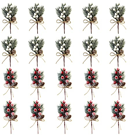 SUREH 20 Stück Künstliche Rote Beerenzweige, 15 cm, Weihnachtsspieße, Spray, Rote und Weiße Beerenstiele, Künstliche Tannenzapfen, Stechpalmenstiel, Blumenspieße für