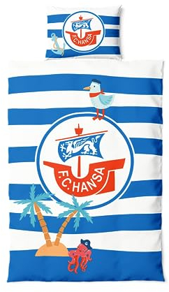 FC Hansa Rostock Kinder Bettwäsche Set ** Logo **, Kopfkissenbezug 40 x 60 cm und Bettdeckenbezug 100 x 135 cm, mit Reißverschluss, 100% Baumwolle
