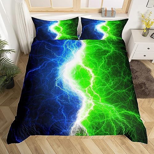 Blau-grün-schwarzer Bettbezug, volle Größe, Lightnings, abstrakte Kunst, Bettwäsche-Set für Jungen, Mädchen, Kinder, Blitz-Videospiele, Bett-Set, moderne Spieler-Raumdekoration, psychedelischer