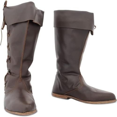 Stivali da Cavaliere medievali da Uomo Stivali Alti da Cavaliere Vintage da Pirata Stivali da Cowboy in Pelle PU, Accessori per Costumi Cosplay di Halloween,Marrone,44 EU