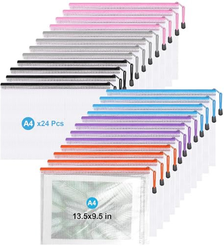 Zip Wallet,Waterproof Plastic Zip File Folders,24Pcs Zipper Bags,A4 Document Pouch for Home School Travel and Office Supplies.