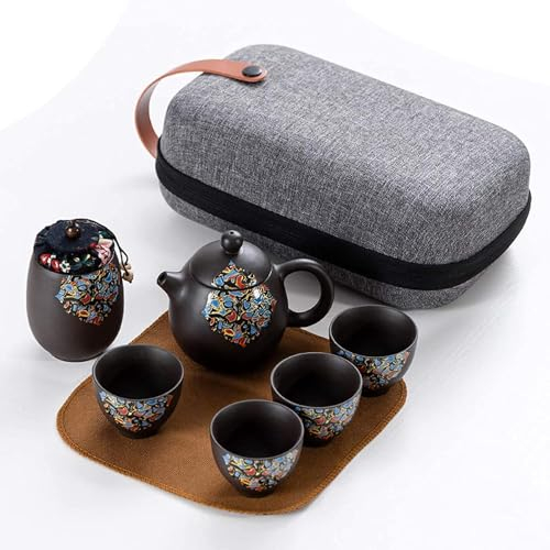 Set da tè da viaggio in ceramica cinese giapponese Kungfu teiera teiera in argilla viola teiera in porcellana, tazze da tè, contenitore da tè con borsa da viaggio portatile set da tè