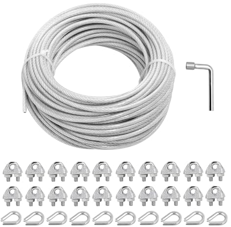 hannger 5MM câble d'acier, Kit de tension de câble d'acier de 30M avec âme de 7×7 brins Câble d'acier enduit de PVC pour kit de suspension de guirlande lumineuse, rampe de terrasse, rampe d'escalier