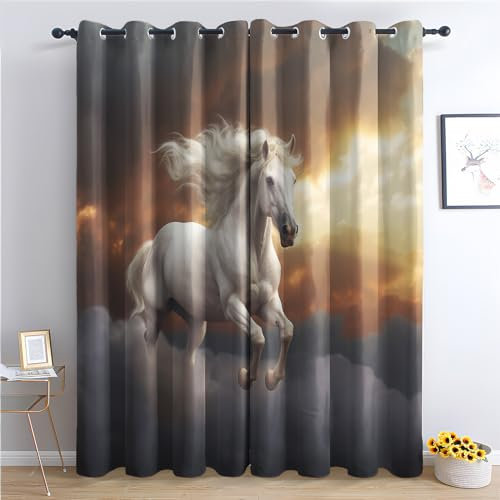 THYUNQ Vorhänge Pferde Motiv, Vorhang Blickdicht Verdunklungsvorhänge Thermovorhang mit Ösen, Gardinen Wohnzimmer Schlafzimmer Fenster, 2er Set Curtains, H 137 x B 117 cm