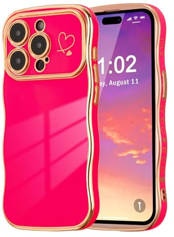 ZTOFERA Compatible with iPhone 14 Pro Max Case for Girls Women, Cute Curly Wave Frame Shape Soft Silicone Case with Love Heart Pattern Camera Protection Golden Edging Shockproof Cover, Hot Pink