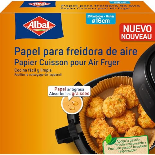 Albal - Papel para Freidora de Aire 1,5L - 3,5L, 25 Unidades, 16 CM, Apto para Air Fryer Cuadrada y Redonda, Antigrasa, Antiadherente y Desechable