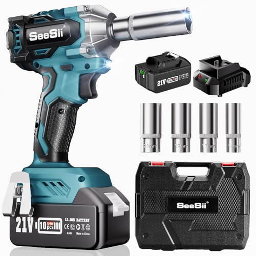 Seesii Avvitatore a impulsi a batteria,450N.m 3/8’’ Elevata Avvitatori a Massa Battente con 4000mAh Batteria, 4 bussole, Brushless Trapano A Impulsi per Auto Casa