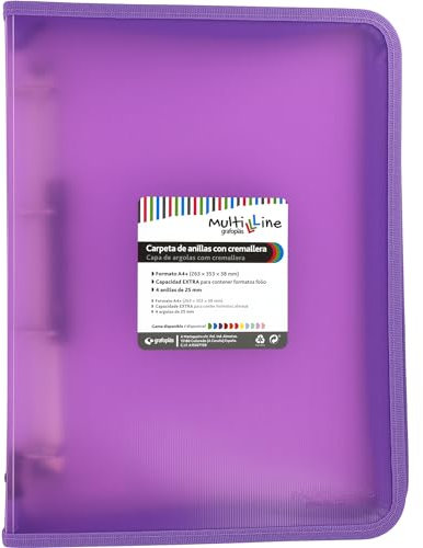Grafoplás Raccoglitore ad anelli con cerniera A4+, Lavanda, Multiline, 4 anelli misti 25 mm, copertina in polipropilene a righe verticali, capacità extra per fogli di carta formato foglio
