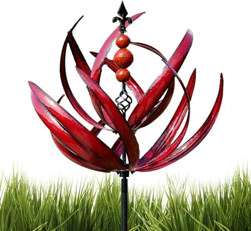 1/2 Wind-Garten-Spinner – UV-beständige Lotuspfähle, für den Außenbereich, rote Hofkunst, 360 Grad drehbare rote Windmühle, Metall-Hof-Spinner-Display, Windmühle für Rasen, Terrasse, Gehwege, 20 x 90