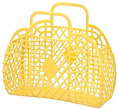 ViLLex Kunststoff-Gemüsekorb Einkaufskorb, Mit Griff, Gelee-Kunststoff-Mesh-Tasche, Retro-Mädchen-Strandkorb-Einkaufstasche, Für Frauen, Toller Urlaub, Einkaufen, Reisen (Gelb)