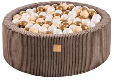 MEOWBABY Piscine À Balles pour Bébé - Rond 90x30cm Piscine a Balle pour Enfant avec 200 Balle, Côtelé, Marron: Beige/Blanc Perle/Platine