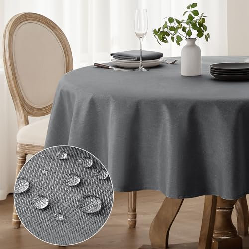 Softalker tischdecken rund 240 cm tischdecke grau abwaschbar Outdoor tischtuch Wasserabweisende tischwäsche leinenoptik gartentischdecke Table Cloth für Camping, Hochzeiten, Geburtstag