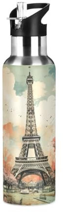 Paris Romantique Tour Eiffel Bouteille d'eau Isotherme avec Paille en Acier Inoxydable Gourde, Sans BPA Gourdes Eau pour Enfant Sport Randonnée École Bureau (600ml/1L)