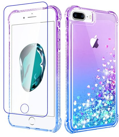 Pilaru Lovely Glitter Case for iPhone 8 Plus/7 Plus, iPhone 6s Plus/6 Plus Clear Liquid Heart Glitter Soft TPU Cover Transparent Girly Protective Phone Case for iPhone 8 Plus,Purple/Teal