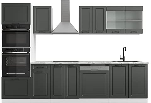 Vicco Küchenzeile R-Line, Anthrazit Landhaus/Weiß, 300 cm mit Hochschrank, AP Marmor