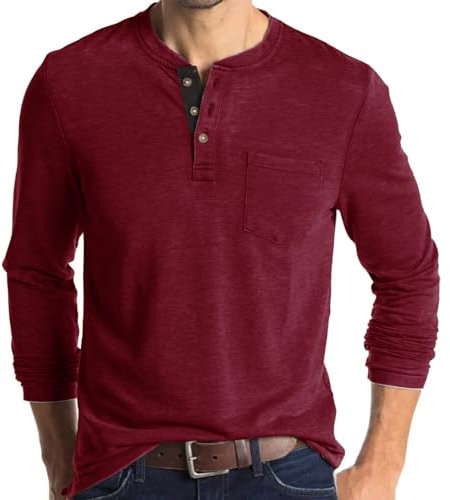 Mens Polo Shirts Henley T Shirts Collarless Grandad T Shirt Golf Shirts Long Sleeve Tops Red T Shirt Men L