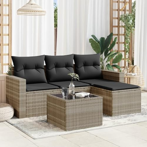 Homgoday 5-TLG. Balkonmöbel mit Kissen Gartenlounge Gartenmöbel Set Gartensofa Loungemöbel Modular Ecksofa Sofagarnitur Sitzgruppe für Balkon & Terrasse Hellgrau Poly Rattan