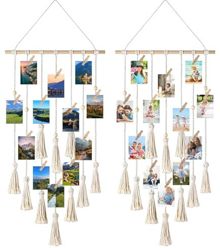 GBACHOOSE 2 Stück Wandbehang, Bilderrahmen mit Klammern und Leine, Fotowand Mit 30 Kleinen Holzklammern und 10 Quasten-Anhänger(43x108CM)