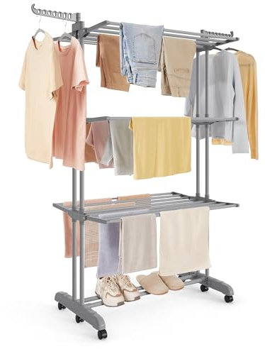 SONGMICS Étendoir à Linge, Séchoir Mobile à 4 Niveaux, avec roulettes, Pliable, 63,5 x 125,5 x 173 cm, Grande Capacité, Utilisation Intérieure et Extérieure, Gris Tourterelle LLR703G01