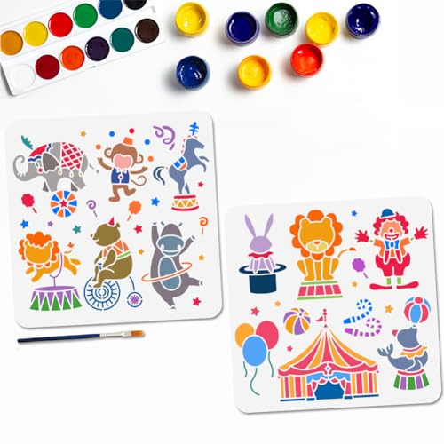 MAYJOYDIY 2 Stück Tier Zirkus Schablone 30 × 30cm Wiederverwendbare Karnevals Schablonen Zum Bemalen Clown Zirkus Schablonen Vorlagen Mit Pinsel Für Basteln Auf Fenster Holz Wand Zu Hause