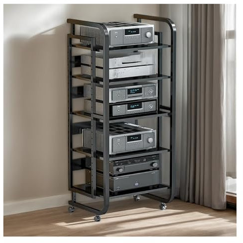 BYZOMU 5 Tier Stereo Component CD Player Rack, Corner AV Media Stand With Wheels For Home Theater Club, Game Console Speaker Amplifier Shelves Receiver Furniture Electronic Equipment Storage Shelf