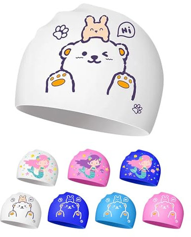 Gorro de Piscina para Niños 4-12 años, Gorro Natación Silicona Niños, Impermeable y Antideslizante (Oso Blanco)
