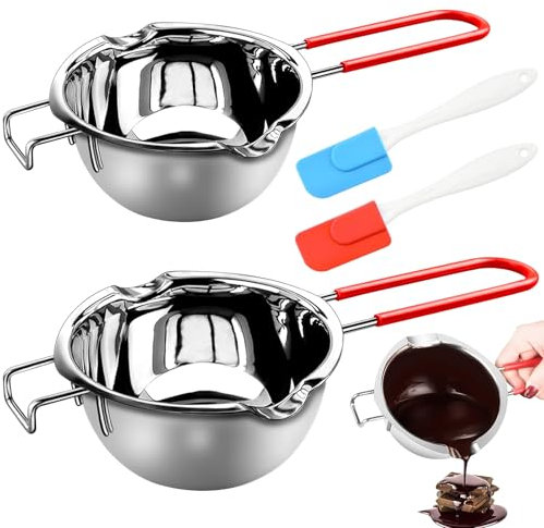 XTUDOU® 2 Pièces Creuset pour Bain-Marie, Bol de Fusion Acier Inoxydable 304 avec 2 Spatules Et Poignée RéSistante à La Chaleur pour Chocolat, Sucre, Beurre, Fromage et Bougies (400 ML et 600 ML)