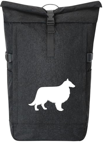 Huuraa Kurierrucksack Collie Sheltie Silhouette 30-44 Liter Black Melange Fairtrade Rolltop Rucksack Geschenkidee