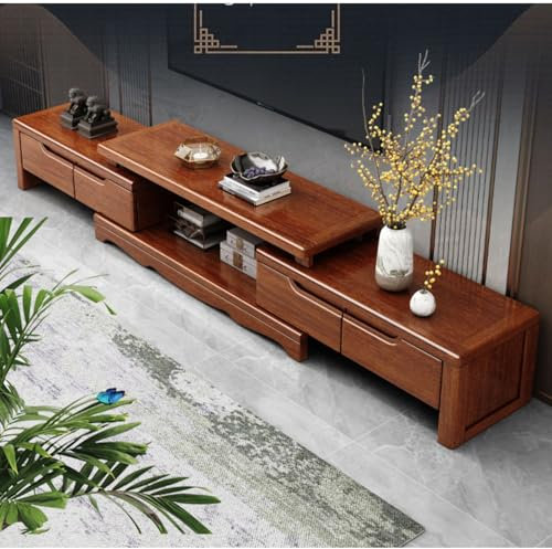 TV-Konsolentisch, ausziehbarer TV-Ständer mit 4 Schubladen, minimalistisches rechteckiges Unterhaltungszentrum für Wohnzimmer, Walnussholz-Finish