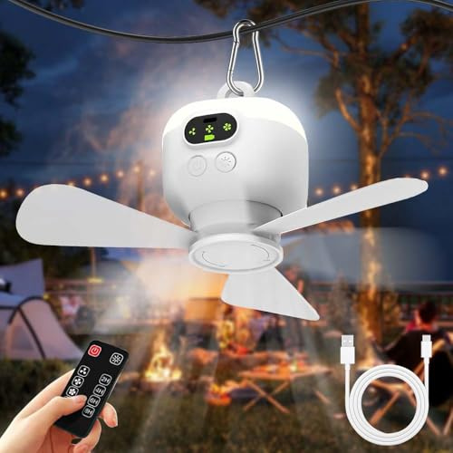 RIRIDAMAI Ventilatore da soffitto con illuminazione da campeggio, ricaricabile, con luce e telecomando, USB, timer, ventilatore portatile, batteria per esterni, gazebo, terrazza