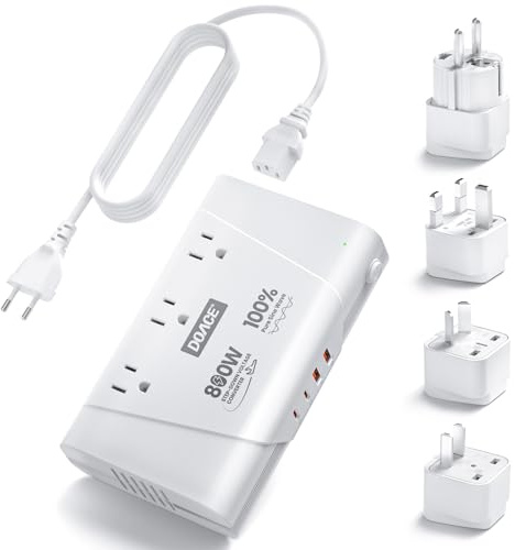 DOACE 800W Travel Adapter Voltage Converter, 220V to 110V Pure Sine Wave Step-Down Transformer for International Travel, 3 AC Outlets & 4 USB, Compatible with Phones, Hair Tools, Cameras & Laptops