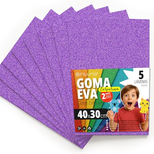 OFITURIA Glitzer-Moosgummi für Bastelarbeiten, Bunter Schaumstoff mit Glitzer für DIY, kreative Projekte, Kunst und Schule 40x30cm (Lila, 5 Stk)