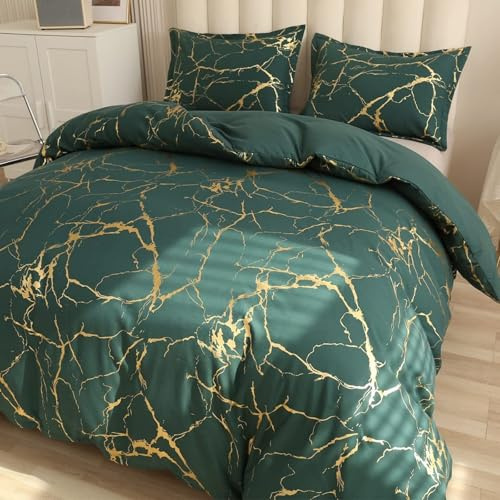 Tospass Marmor Bettwäsche 220x240 Dunkelgrün Gold Mikrofaser ÖKO-TEX | Marmor Glitzermuster Bettwäsche-Sets Mikrofaser ÖKO-TEX Deckenbezug 1 Bettbezug mit Reißverschluss und 2 Kissenbezug 80x80cm