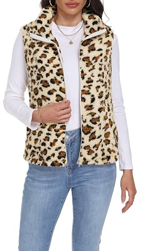 BDTECAOR Fellweste Damen Ärmellos Teddy Winterweste Warme Fleeceweste Kurz Teddyjacke Einfarbig Damenwesten Casual Leicht Plüschweste Leopard XL
