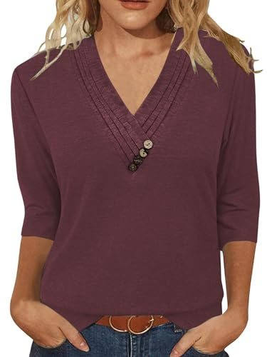 Famulily Womens 3/4 Sleeve Tops Pleated V Neck Summer Ladies Blouses with Buttons Detail