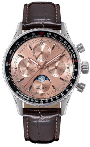 Seestern S468 Chronographe Mécanique Acier Or rose Phase de lune Cuir Montre Homme