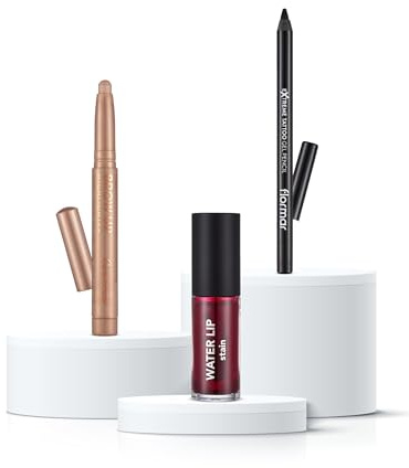 Flormar Ultimate Favorites Make-up Set – 3-tlg. Kit – Water Lip Stain (Girl Gang), Extreme Tattoo Gel Eyeliner (Onyx) & Brow Up Highlighter (Champagne) – Wasserfest & Kussecht