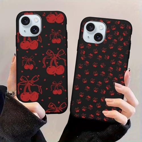 Yoedge 2 Pack Cartoon Cherry Phone Case for Apple iPhone 15 6.1,Cute Kawaii Cherry Bow Pattern Cases Aesthetic Design,Black TPU Bumper Protective Cover for Girls Women