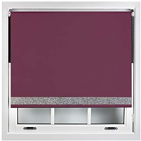 FURNISHED Blackout Roller Blinds With Glitter Edge - Trimmable Thermal UV Protection Fabric Easy Fit Sparkle Glitter Blind for Windows, Aubergine 150W x 165H cm