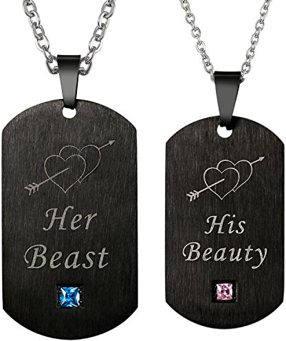 JewelryWe Valentinstag Schmuck 2 Freundschaftsketten mit Gravur, Edelstahl Partner-Anhänger Halskette mit His Beauty Her Beast Herzen Pfeil Dog Tag, Paar Anhänger Kette für Damen Herren, Schwarz