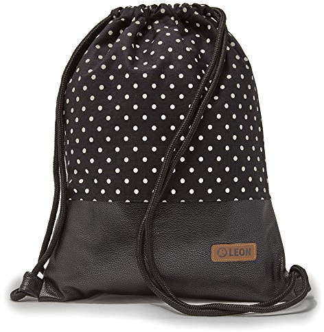 By-Bers Punkt-Design Tasche Turnbeutel LEON Rucksack Sportbeutel Damen, Herren Teenager mit Innentaschen robuste Baumwolle gymsack GymBag Gymsack Hipster, Dots_weißschw_schwpu, flach 34cmx45cm +-1cm