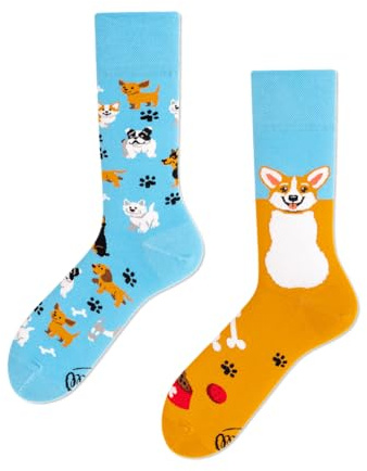 Many Mornings Bunte Lustige Socken Ungleiche Baumwollsocken für Damen und Herren Größe 31-46 Design mit Hund